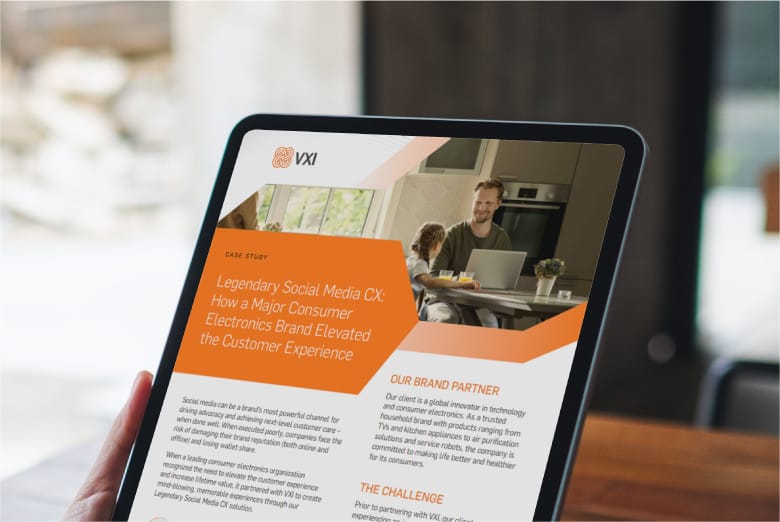 A digital tablet displaying a VXI case study titled 'Legendary Social Media CX: How a Major Consumer Electronics Brand Elevated theCX'.